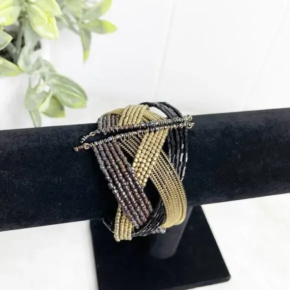 Metallic Tones Criss Cross Beaded Cuff Bracelet - Picture 4 of 6
